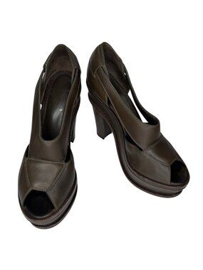 Yves Saint Laurent YSL 39 Olive Green Leather Platform Slingback Peep Toe Pumps